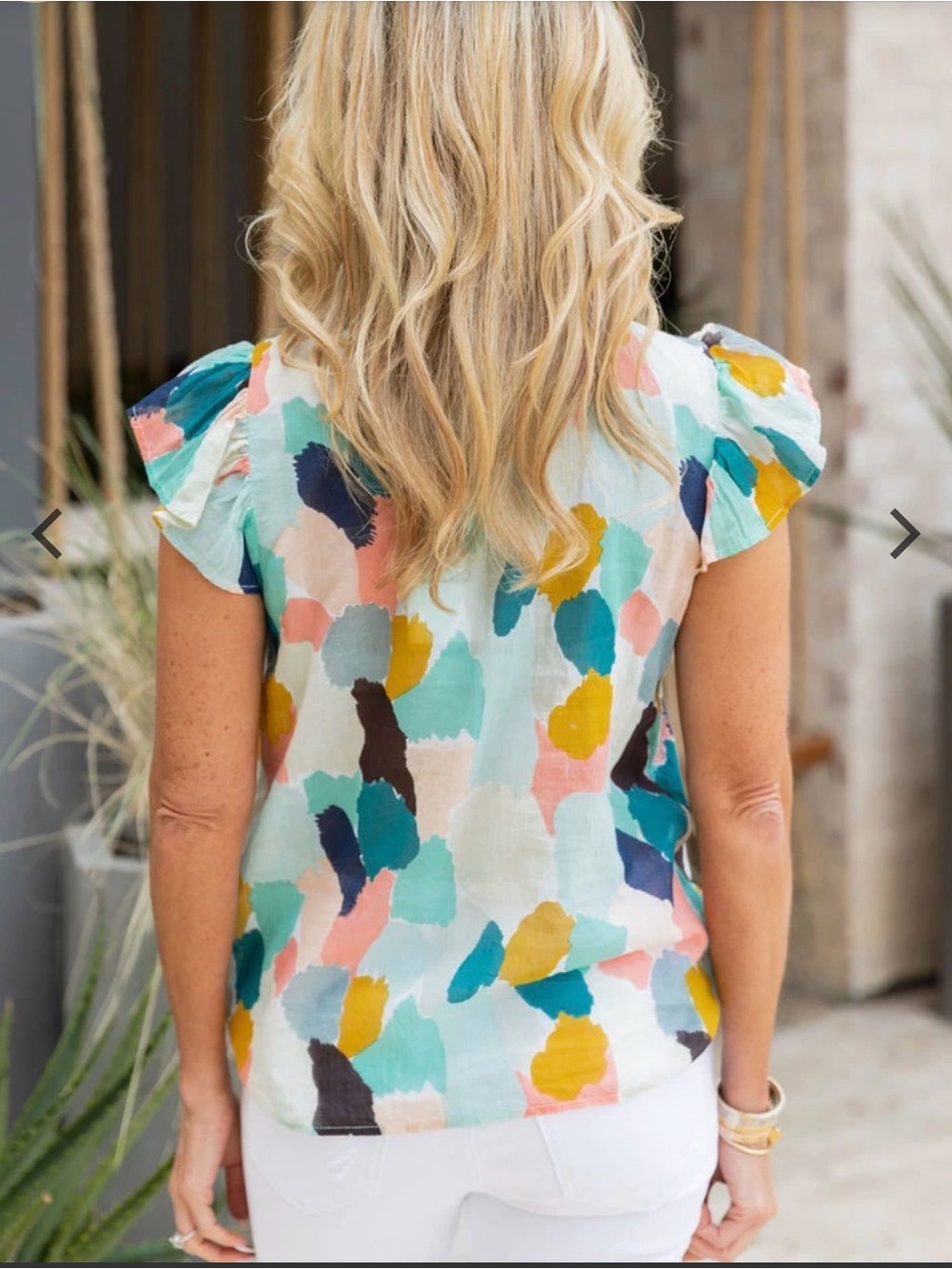 THML Multicolor Abstract Print Ruffle Neck Flutter Sleeve Top - Picture 2 of 7